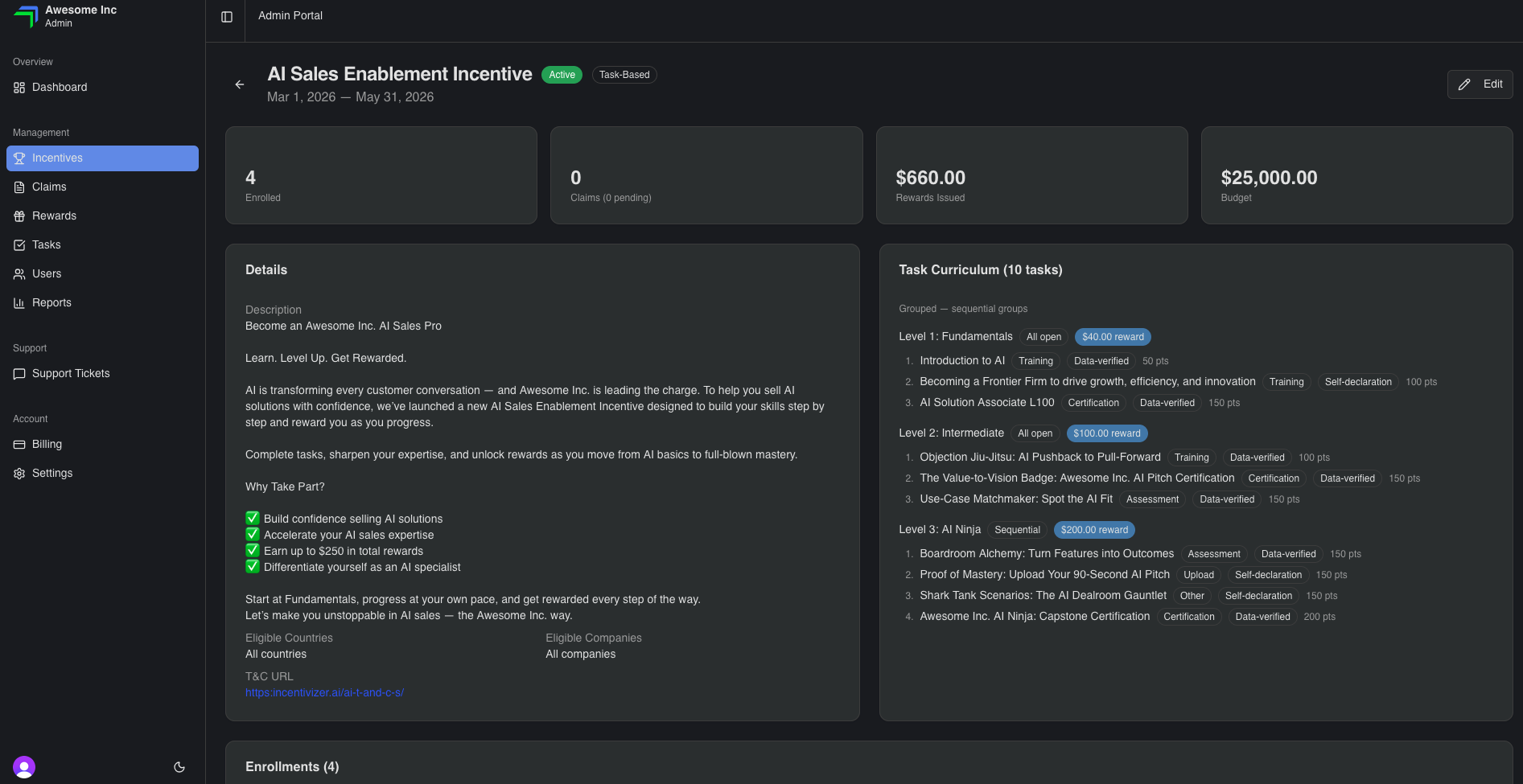 Enablement incentive promotion page