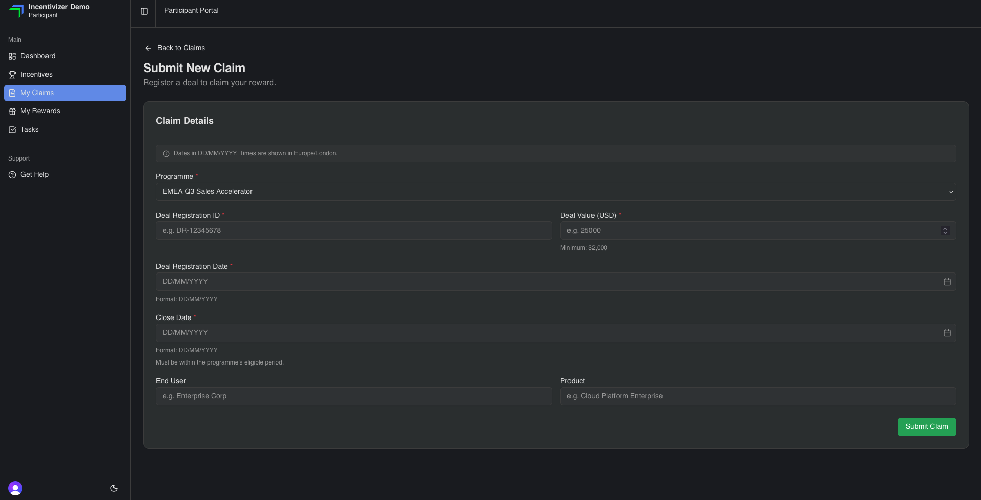 Submitting an expand claim in Incentivizer