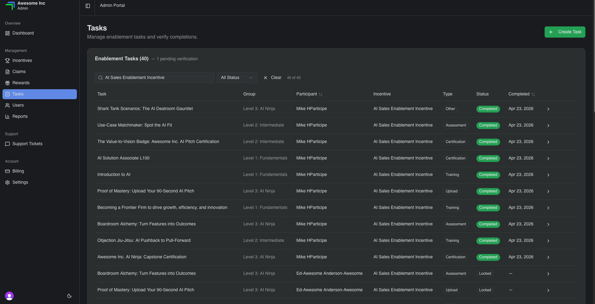 Task curriculum view in Incentivizer