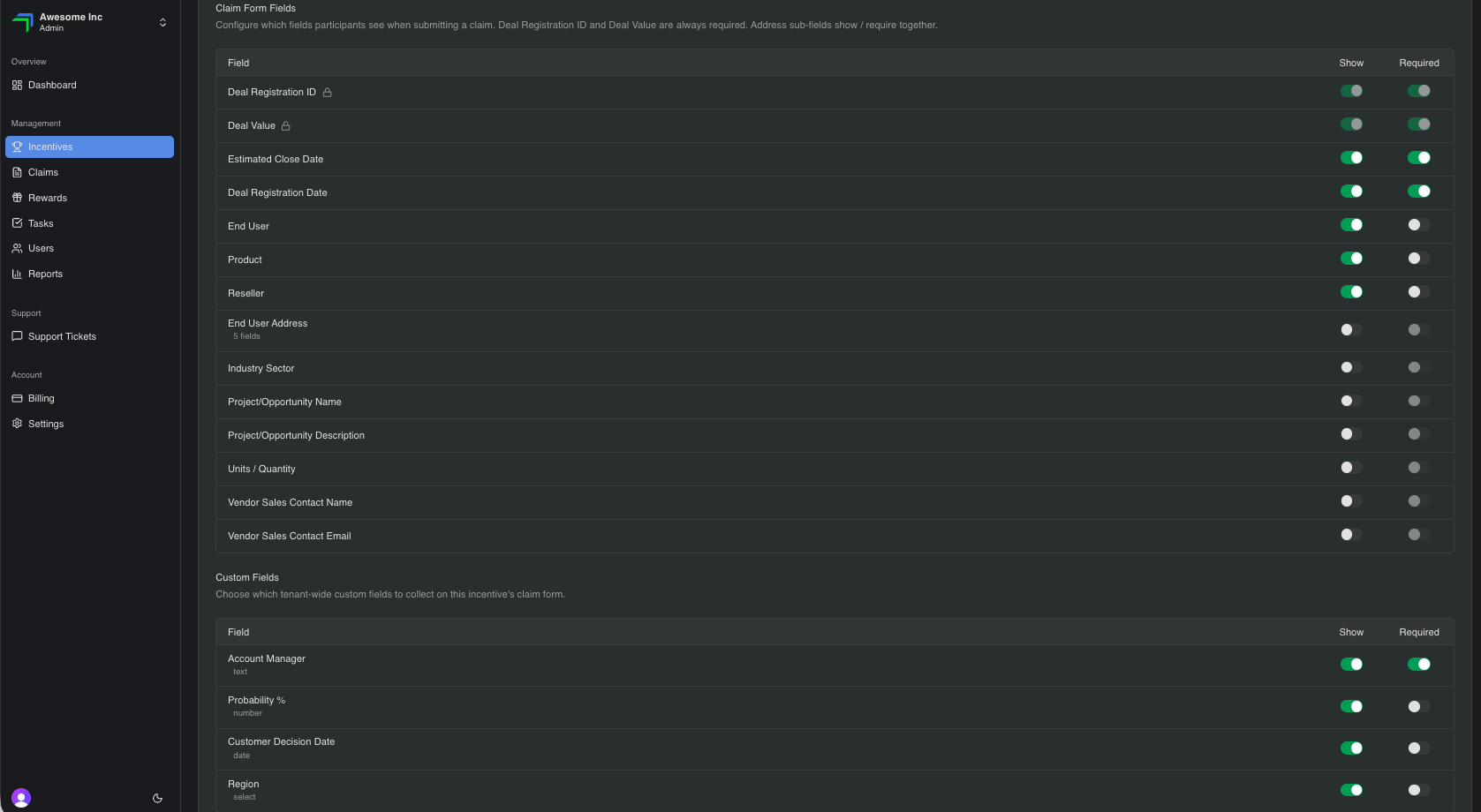 Configuring custom claim fields in Incentivizer