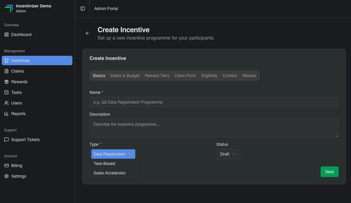 Choose your design type in Incentivizer