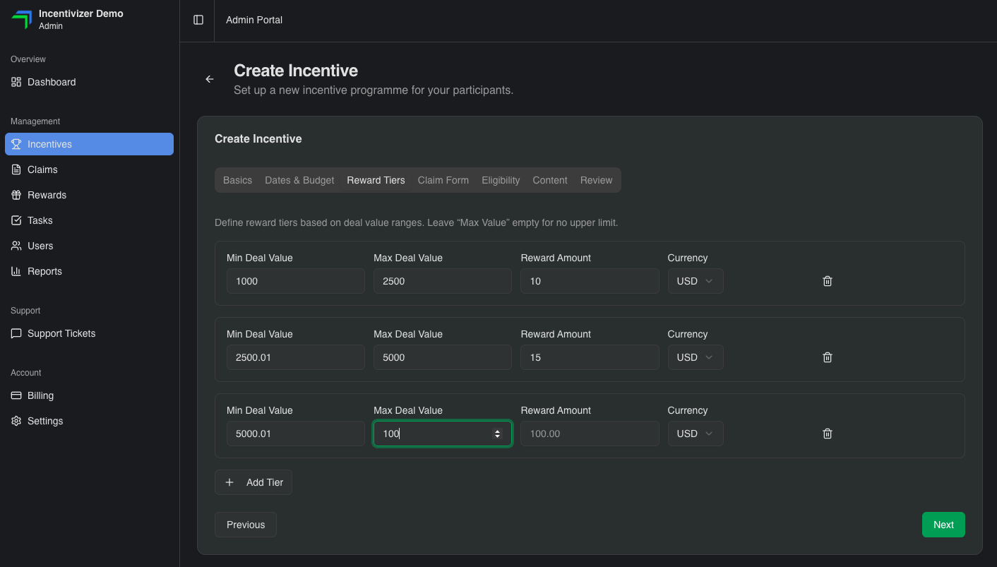 Set your rewards in Incentivizer