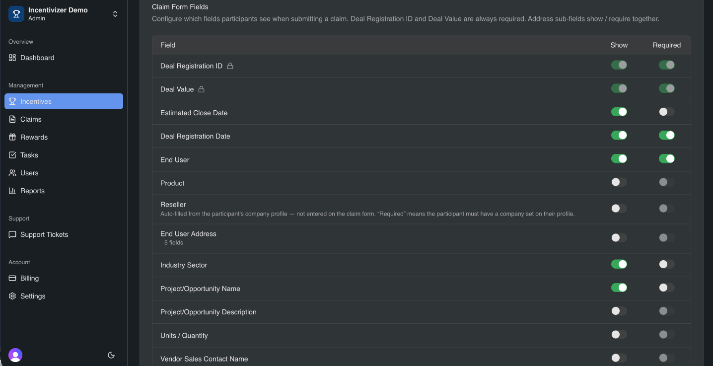 Configuring custom claim fields in Incentivizer